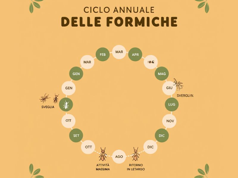 Infografica del ciclo delle formiche a Roma in tre stagioni: primavera, estate, autunno