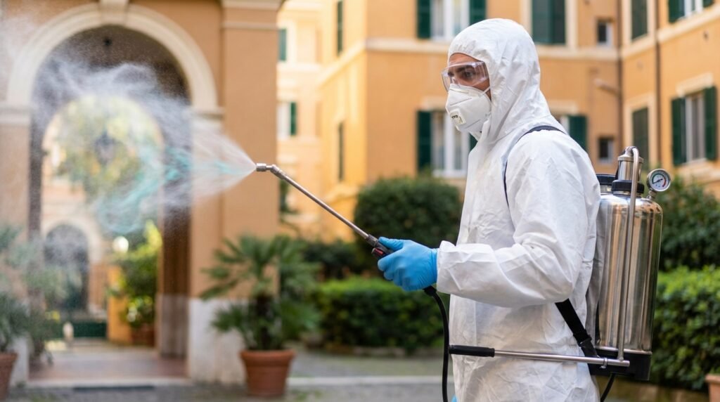 Tecnico di disinfestazione Alpha Range con tuta bianca protettiva e maschera FFP3 mentre nebulizza in un cortile condominiale romano.