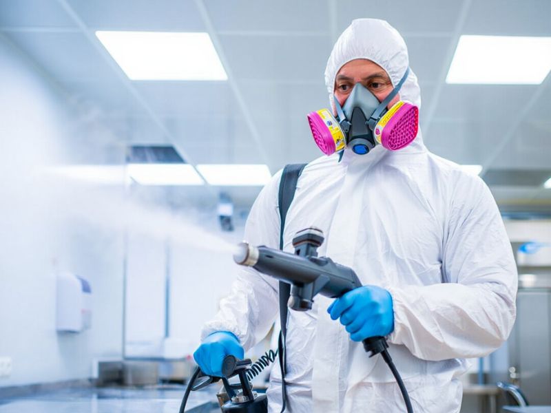 Tecnico Alpha Range esegue la disinfezione professionale a saturazione elettrostatica in un locale commerciale a Roma.