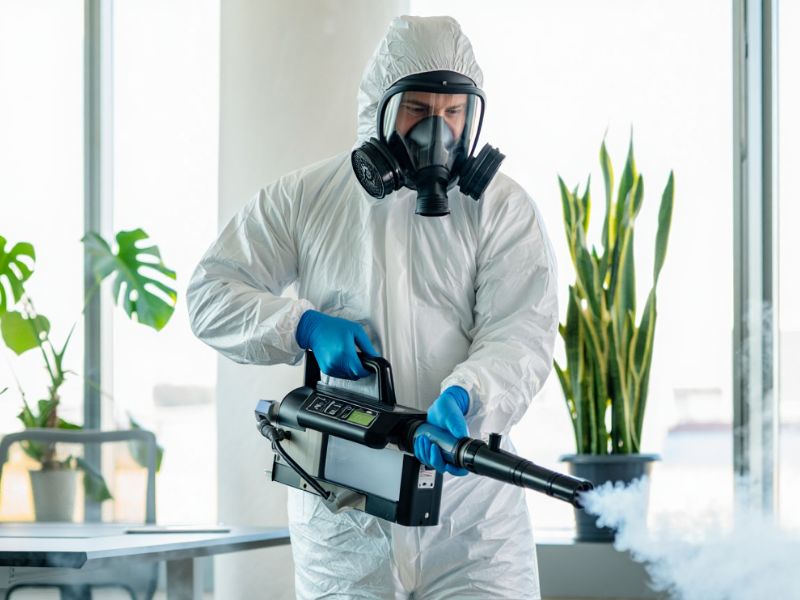 Tecnico Alpha Range esegue una nebulizzazione ambientale professionale con tecnologia ULV per la disinfestazione e sanificazione di uffici a Roma.