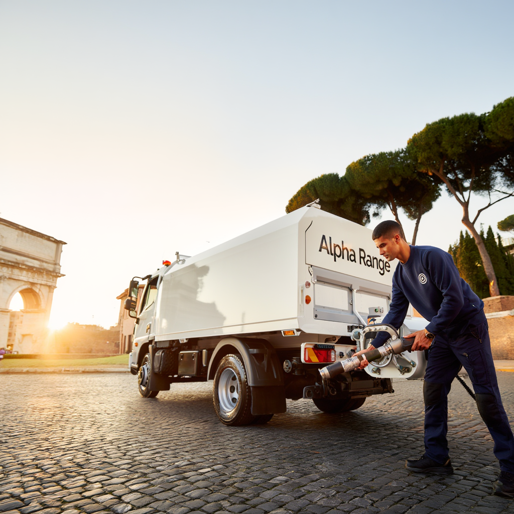 Dettaglio tecnico del cannone nebulizzatore Alpha Range per trattamenti di disinfestazione a Roma.