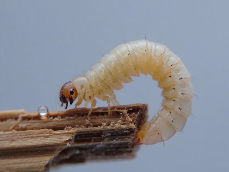 Macrofotografia di una larva di tarlo del legno (Anobium punctatum), che si nutre all'interno di una trave, per trattamenti antitarlo Alpha Range a Roma.