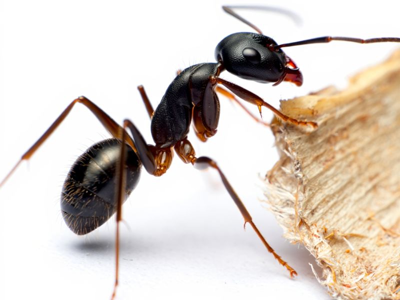 Formica Carpentiere (Camponotus) vista macro su sfondo bianco, corpo nero lucido