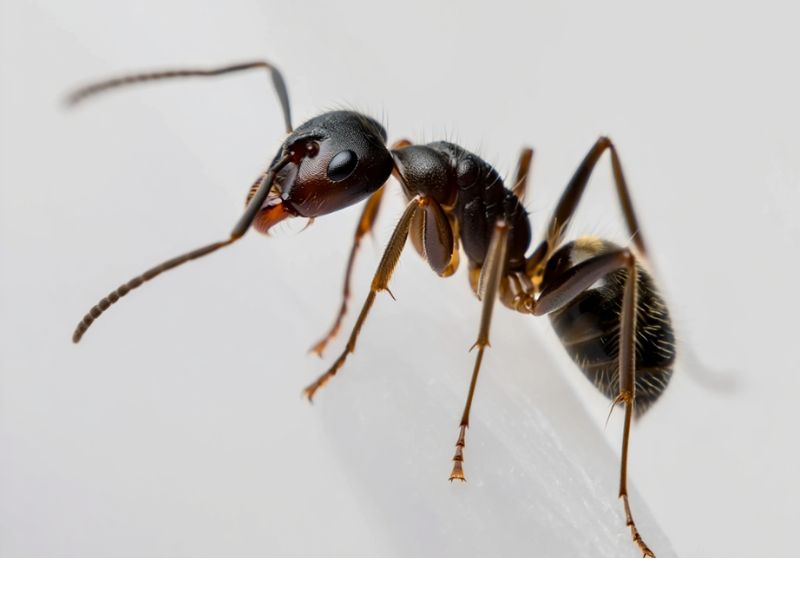 Formica Comune (Lasius niger) vista macro su sfondo bianco, corpo nero opaco