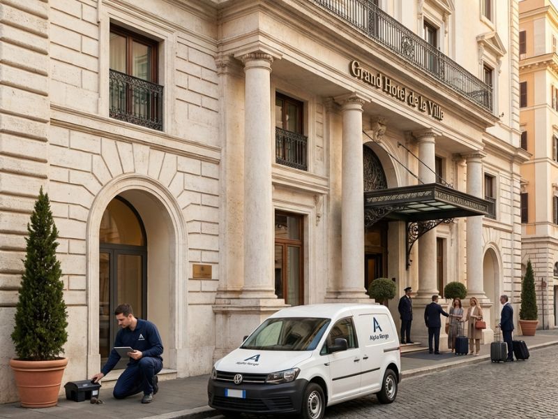 Servizio di pest control e monitoraggio discreto Alpha Range presso un hotel di lusso a Roma, garantendo elevati standard di igiene e biosicurezza.