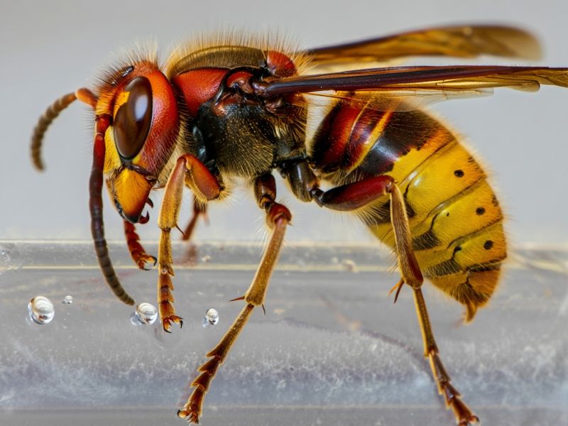 Fotografia macroscopica di un calabrone europeo (Vespa crabro, Calabroni), utilizzata per l'analisi tecnica e il controllo degli infestanti Alpha Range a Roma.