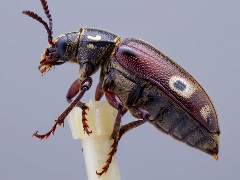 Macrofotografia di un capricorno delle case adulto (Hylotrupes bajulus), per trattamenti antitarlo professionali Alpha Range a Roma.