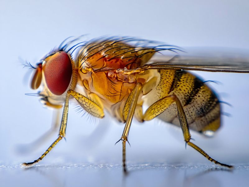 Fotografia macroscopica di un moscerino della frutta (Moscerini), utilizzata per l'analisi tecnica e il controllo degli infestanti Alpha Range a Roma