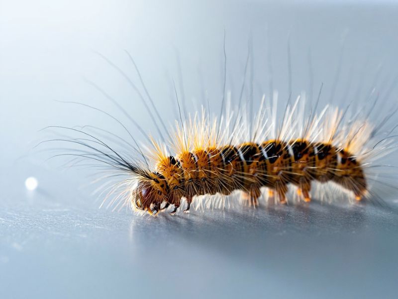 Fotografia macroscopica di una larva di processionaria del pino, evidenziando i peli urticanti per il controllo professionale Alpha Range a Roma.