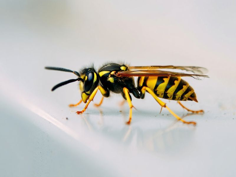 Fotografia macroscopica di una vespa comune (Vespe), utilizzata per l'analisi tecnica e il controllo degli infestanti Alpha Range a Roma.