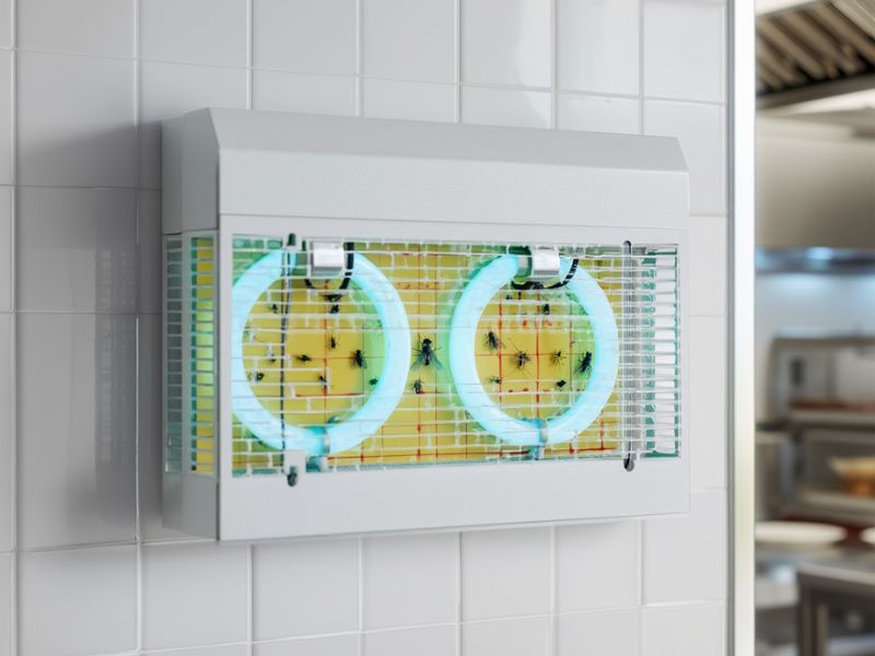 Macrofotografia de un tecnico de Alpha Range inspeccionando una piastra collante de una lampada LED per monitoraggio insetti, con catture dettagliate de mosche y zanzare.