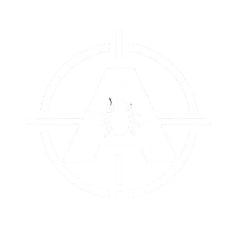 Logo circolare di Alpha Range che presenta una lettera "A" stilizzata al centro di un mirino professionale. All'interno della lettera &egrave; visibile l'icona di un insetto, a simboleggiare la precisione e il controllo mirato nei servizi di disinfestazione e derattizzazione.