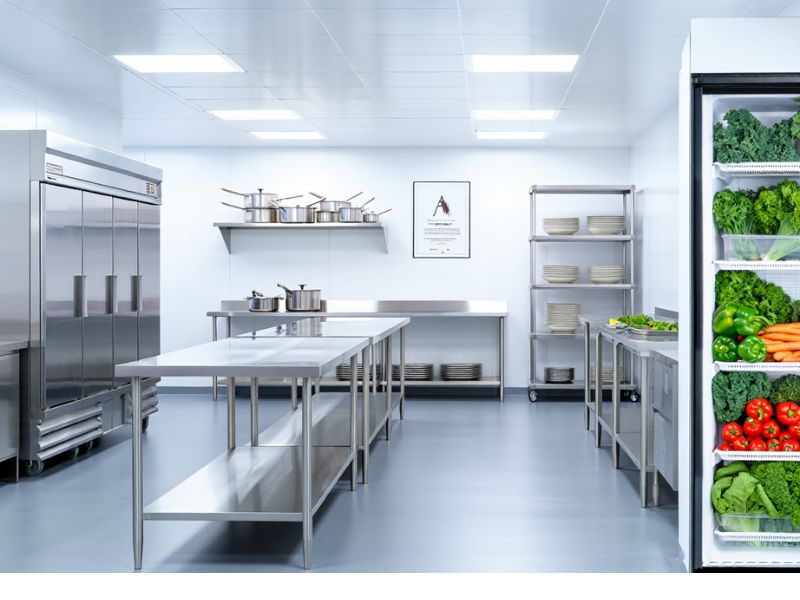 Cucina professionale in acciaio inox perfettamente pulita e sanificata, conforme agli standard di biosicurezza.