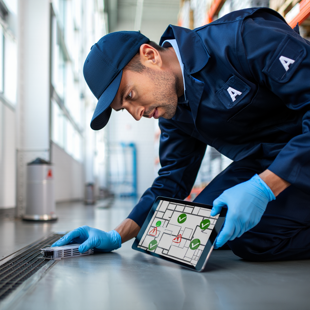 Consulente tecnico Alpha Range esegue un sopralluogo professionale per un piano di prevenzione infestanti IPM (Integrated Pest Management) a Roma.