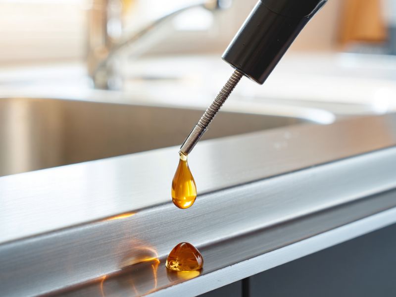 Applicazione tecnica di gel insetticida atossico su una cerniera di un mobile cucina.