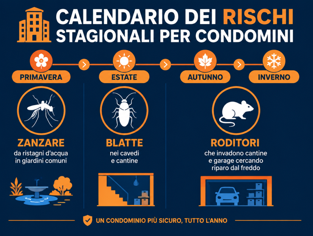 Calendario stagionale dei rischi di infestazione per condomini: zanzare in primavera-estate, blatte in estate, roditori in autunno-inverno