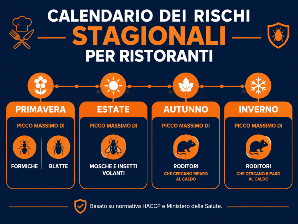 Calendario stagionale dei rischi di infestazione per ristoranti: formiche e blatte in primavera-estate, mosche in estate, roditori in autunno-inverno