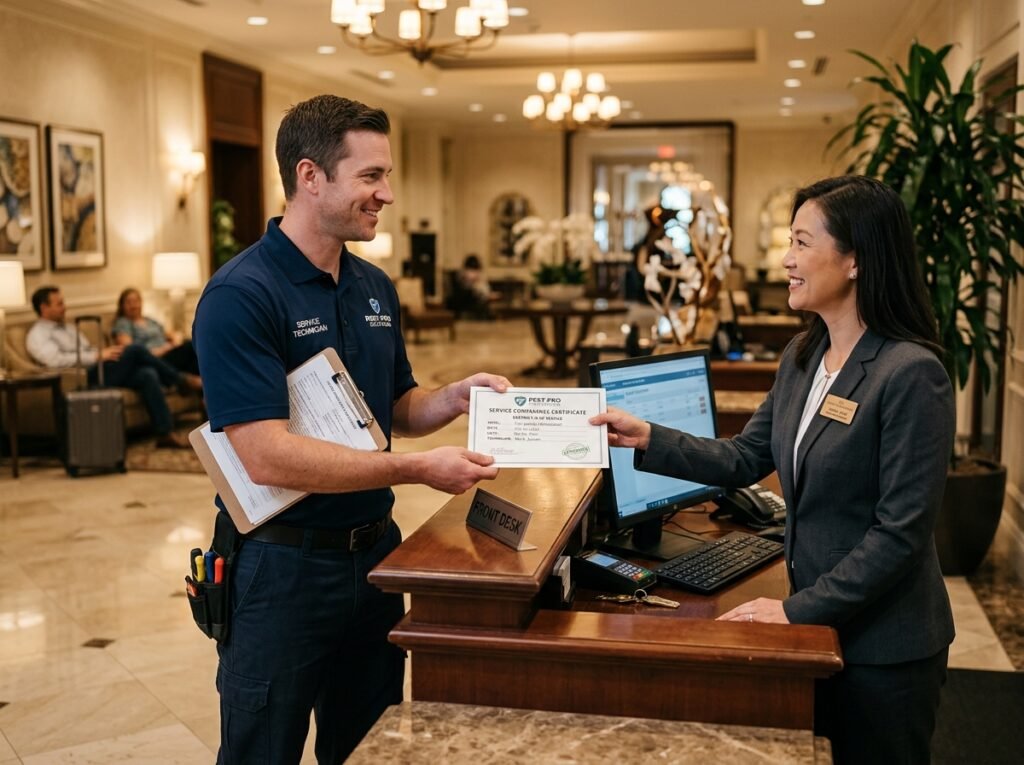 Tecnico Alpha Range consegna il certificato di servizio al responsabile di un hotel a Roma