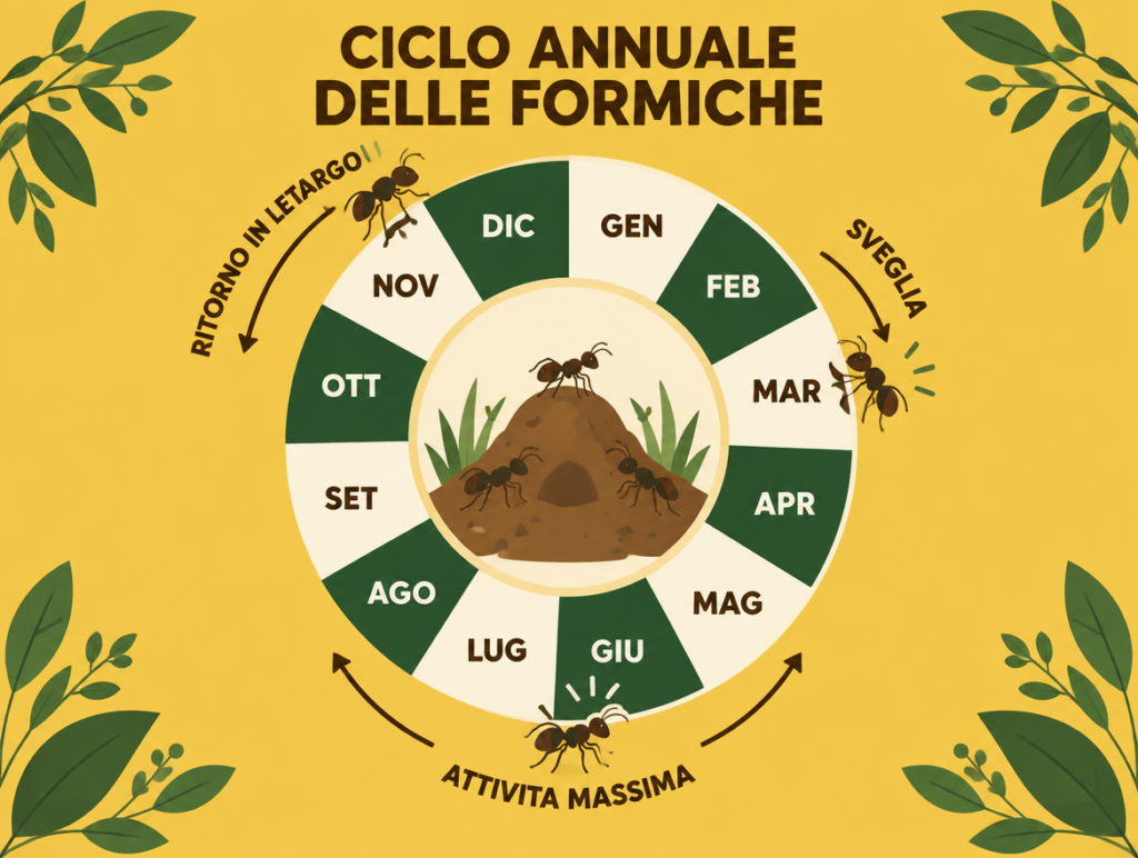 Infografica del ciclo annuale delle formiche a Roma: sveglia in primavera, attività massima in estate, ritorno in letargo in autunno
