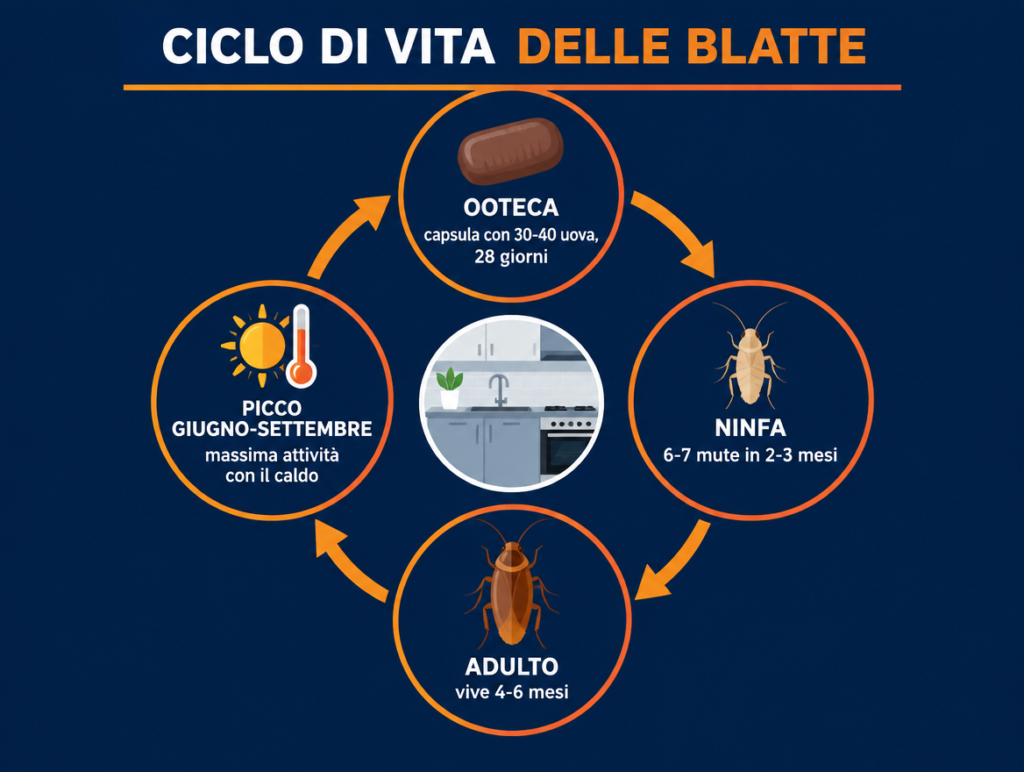 Infografica del ciclo di vita delle blatte a Roma: ooteca, ninfa, adulto e picco di rischio giugno-settembre