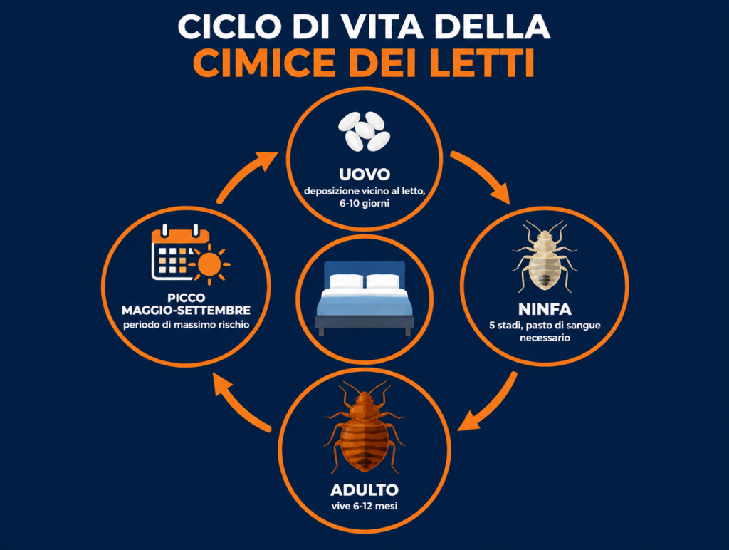 Infografica del ciclo di vita delle cimici da letto a Roma: uovo, ninfa, adulto e picco di rischio maggio-settembre