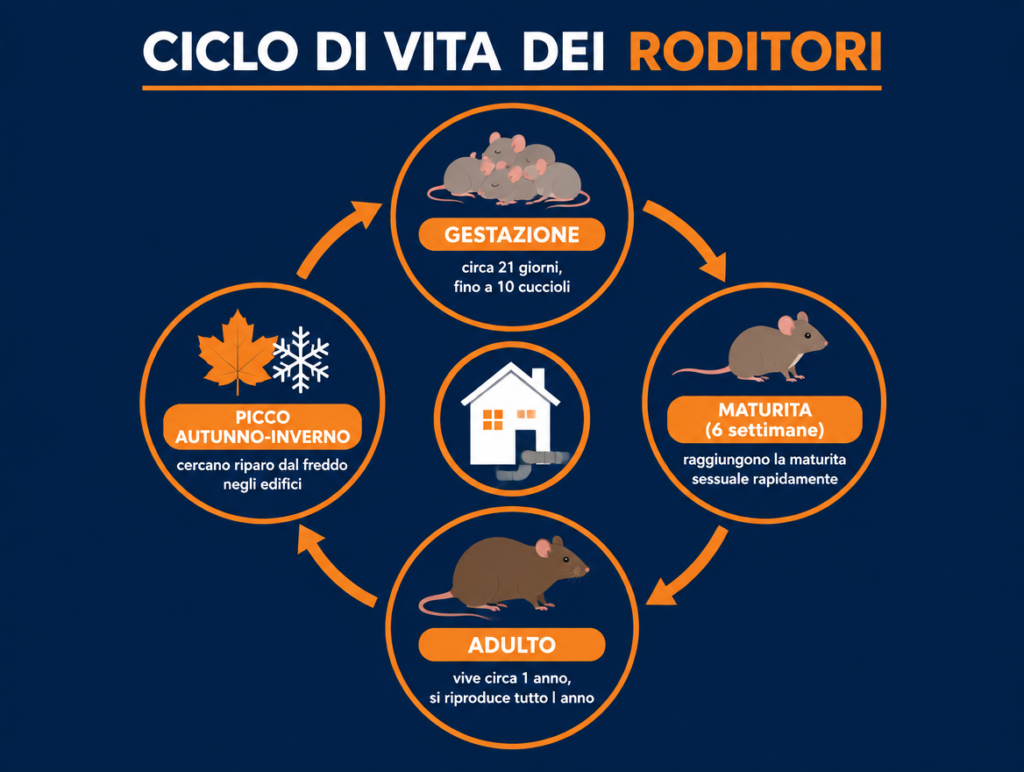 Infografica del ciclo di vita dei topi e ratti a Roma: gestazione, maturita, adulto e picco di rischio autunno-inverno