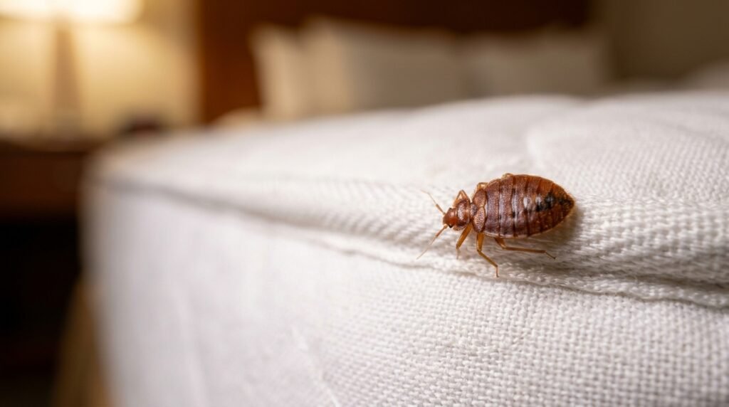 Cimice da letto su tessuto di un materasso in una camera d'albergo, dettaglio macro per servizio di disinfestazione Alpha Range a Roma