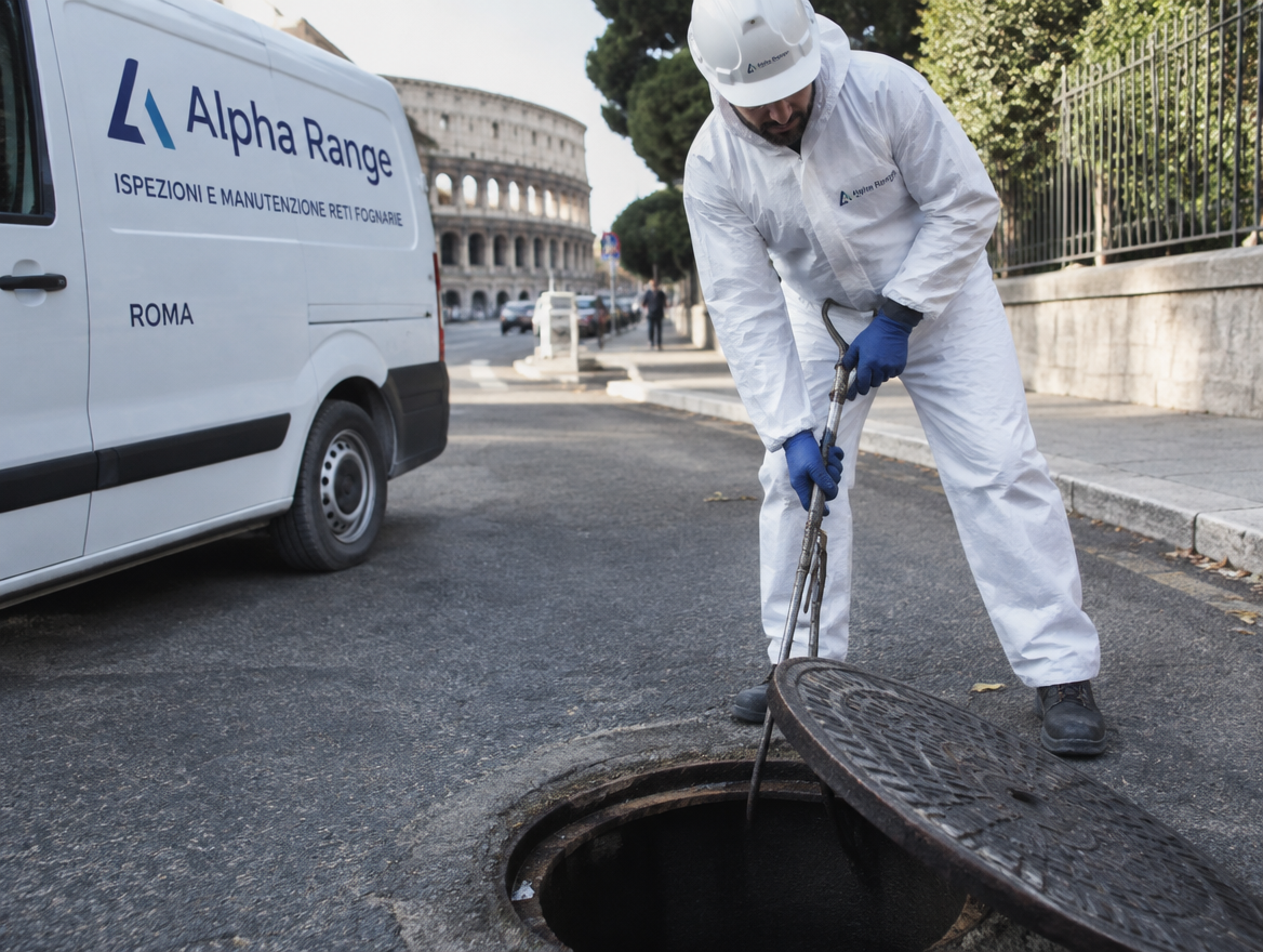 Tecnico Alpha Range solleva il coperchio di un tombino per ispezionare la rete fognaria a Roma