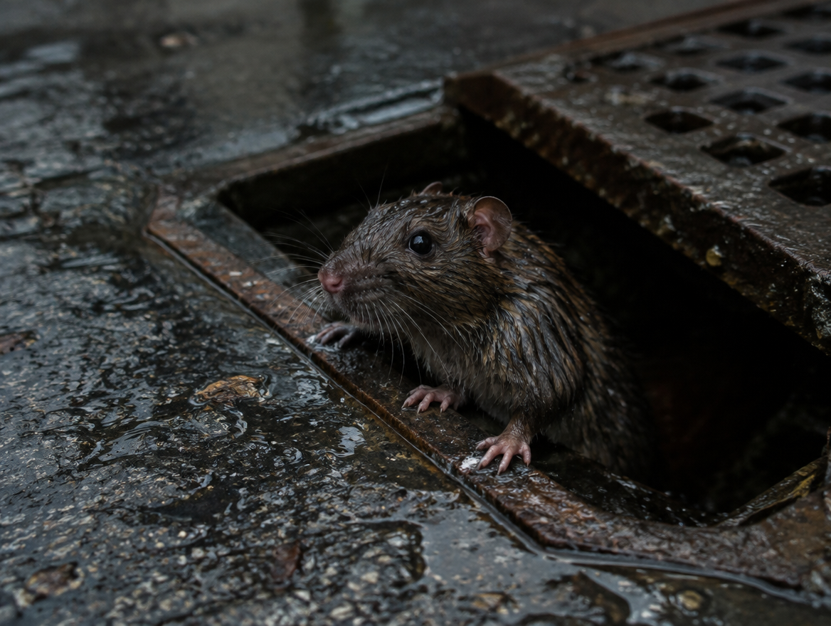 Ratto delle chiaviche che emerge da un tombino della fognatura urbana a Roma