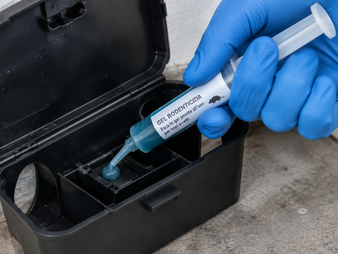 Applicazione professionale di gel rodenticida con siringa dosatrice in un erogatore di sicurezza