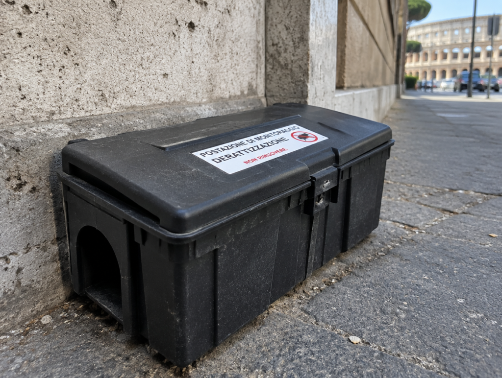 Cassetta di monitoraggio professionale per derattizzazione posizionata lungo un muro esterno a Roma