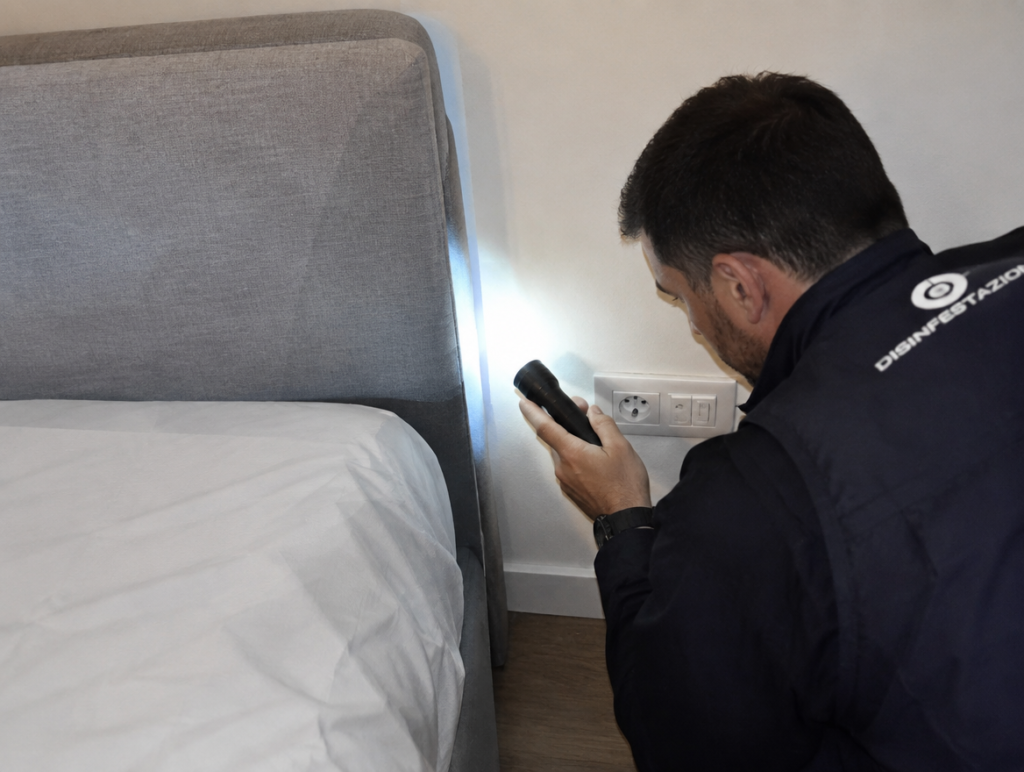 Tecnico Alpha Range ispeziona dietro la testiera del letto e una presa elettrica alla ricerca di cimici da letto a Roma