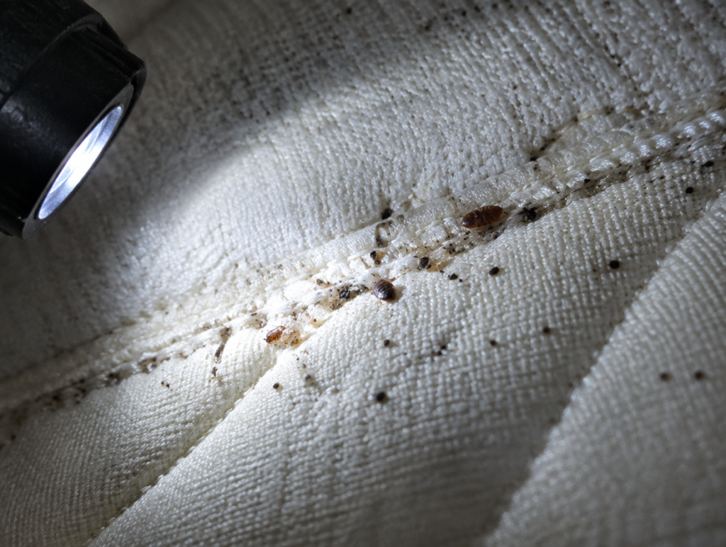 Ispezione macro delle cuciture di un materasso con segni di cimici da letto durante un sopralluogo tecnico a Roma
