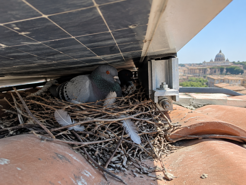 Nido di piccioni nascosto sotto un pannello fotovoltaico su un tetto a Roma