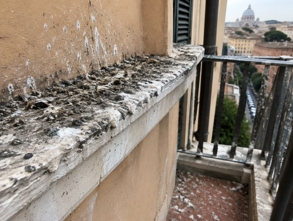 Accumulo di guano di piccioni su un cornicione e balcone durante un'ispezione tecnica a Roma