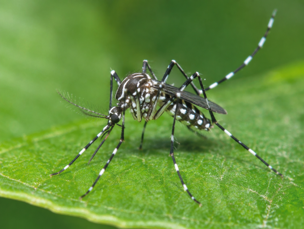 Primo piano macro di una zanzara tigre Aedes albopictus su una foglia verde per identificazione infestanti