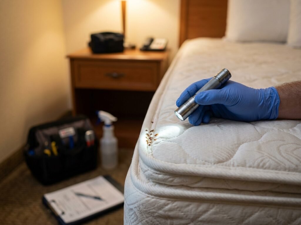 Tecnico Alpha Range ispeziona le cuciture di un materasso con torcia LED alla ricerca di cimici da letto in una camera d'albergo a Roma