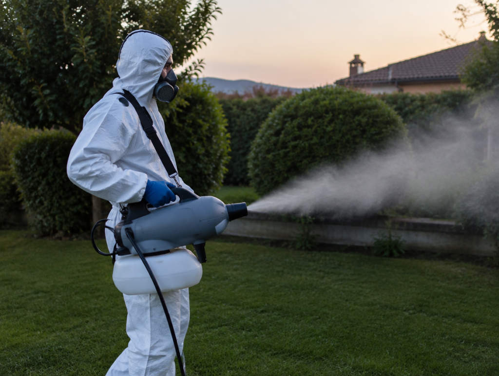 Tecnico Alpha Range in tuta protettiva esegue nebulizzazione adulticida contro le zanzare in un giardino