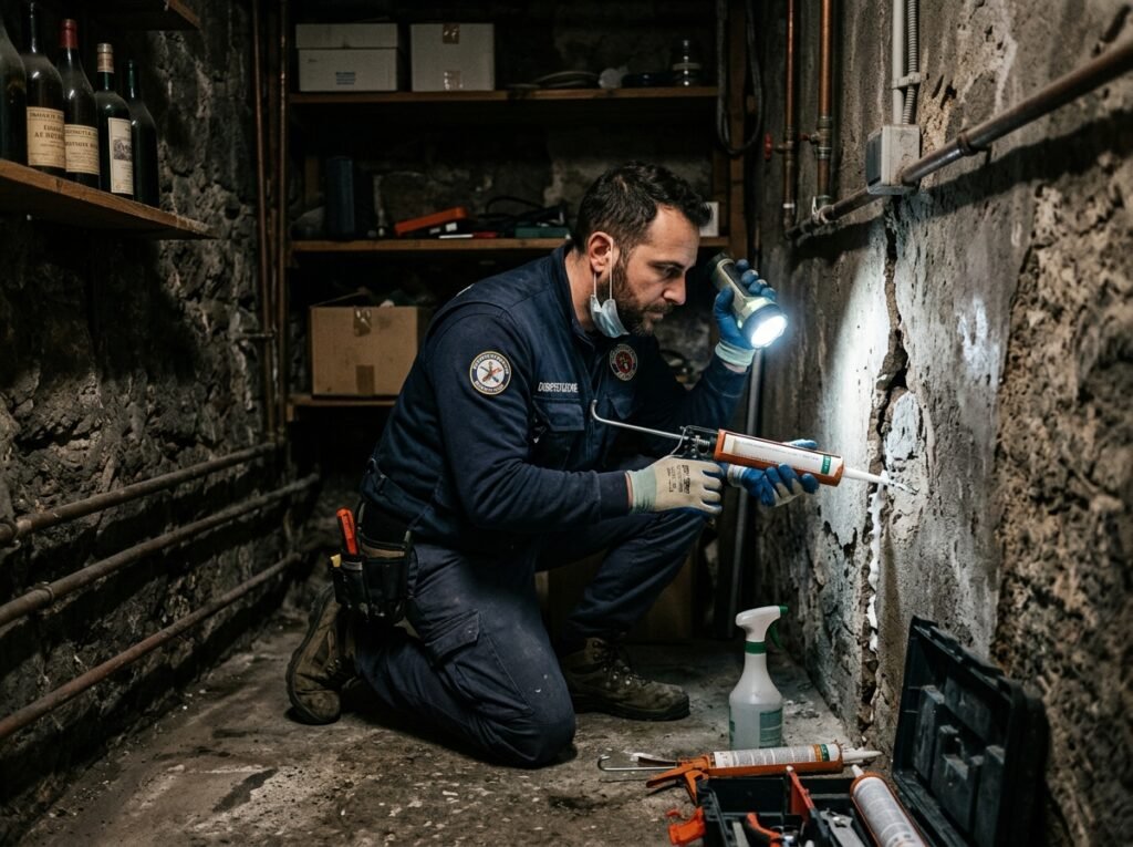 Tecnico Alpha Range sigilla crepe e fessure nella cantina di un condominio a Roma