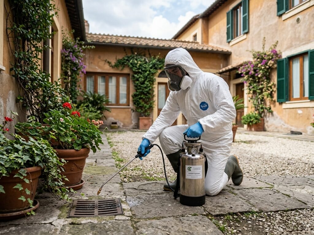 Tecnico Alpha Range in tuta protettiva applica trattamento larvicida in un tombino di un cortile condominiale a Roma